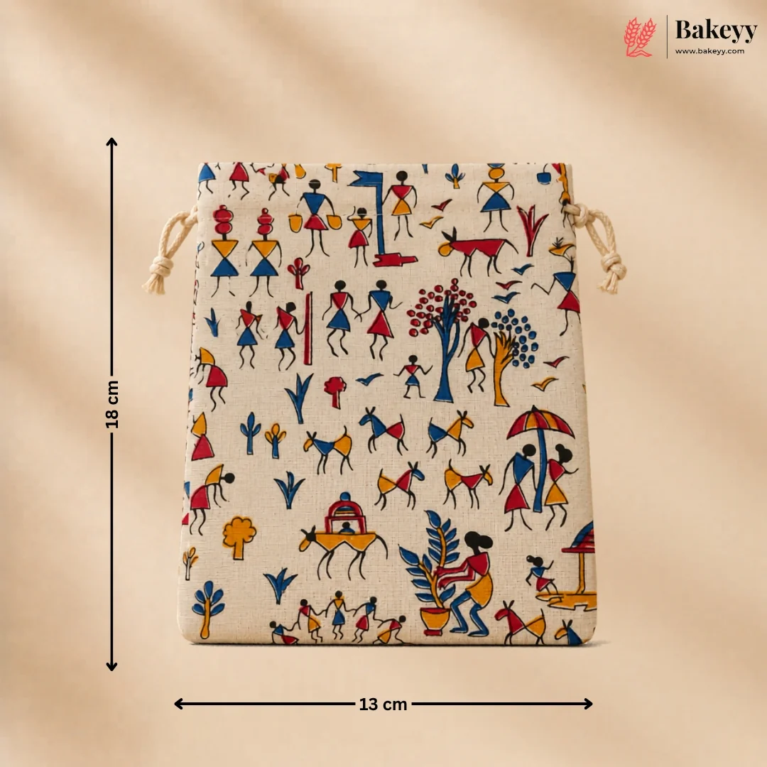 Warli Art Print Jute Potli Bag with Drawstring Closure | Pack of 10 - Image 3
