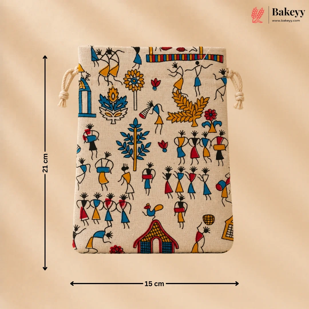 Warli Art Print Jute Potli Bag with Drawstring Closure | Pack of 10 - Image 4