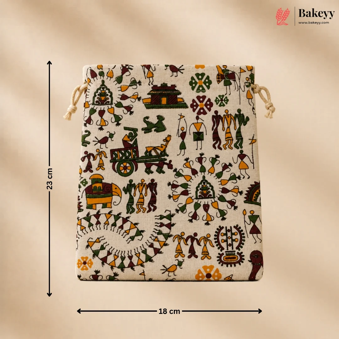 Warli Art Print Jute Potli Bag with Drawstring Closure | Pack of 10 - Image 5