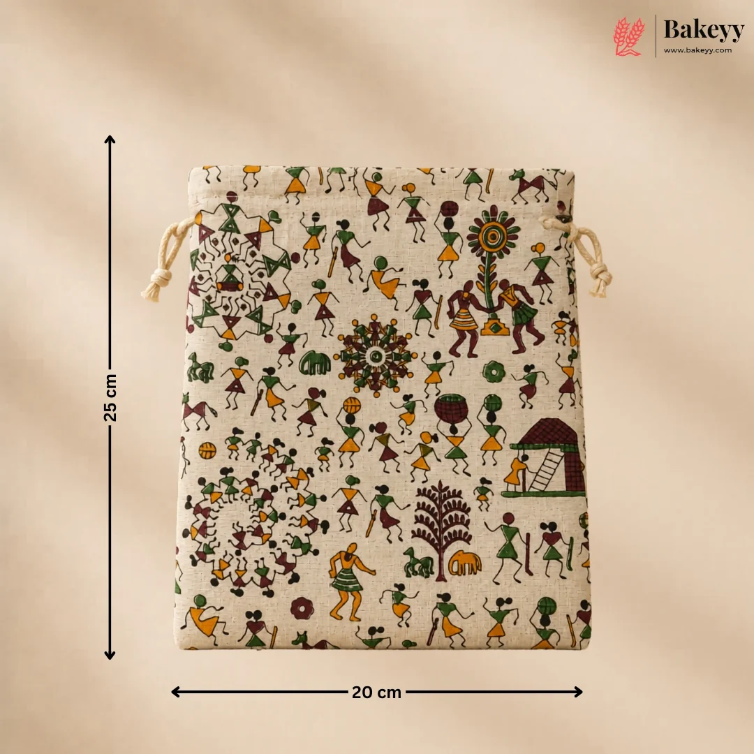 Warli Art Print Jute Potli Bag with Drawstring Closure | Pack of 10 - Image 6