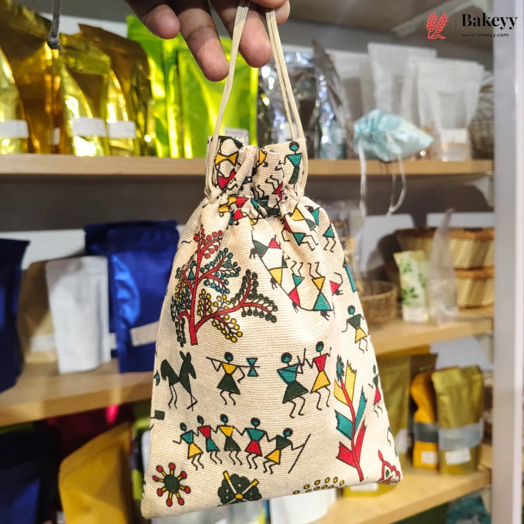 Warli Art Print Jute Potli Bag with Drawstring Closure | Pack of 10 - Image 9