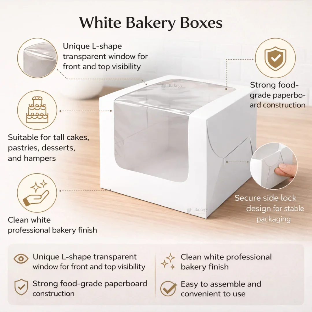 White Cake Box with L-Shape Window | Tall Cake & Dessert Packaging | Pack of 25 - Image 5