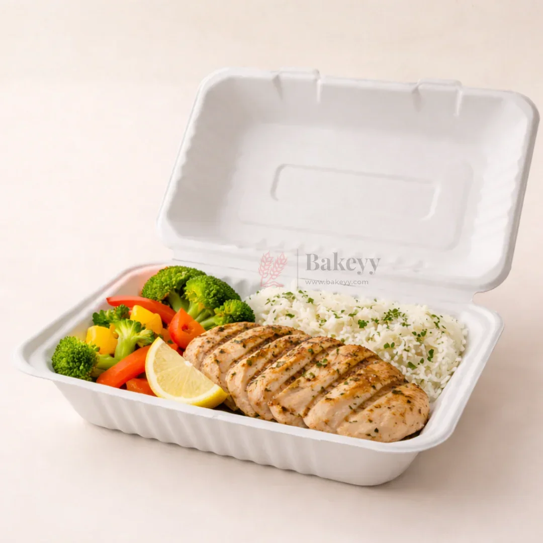 White Disposable Food Container with Lid | Meal Box Takeaway Packaging | Pack of 50