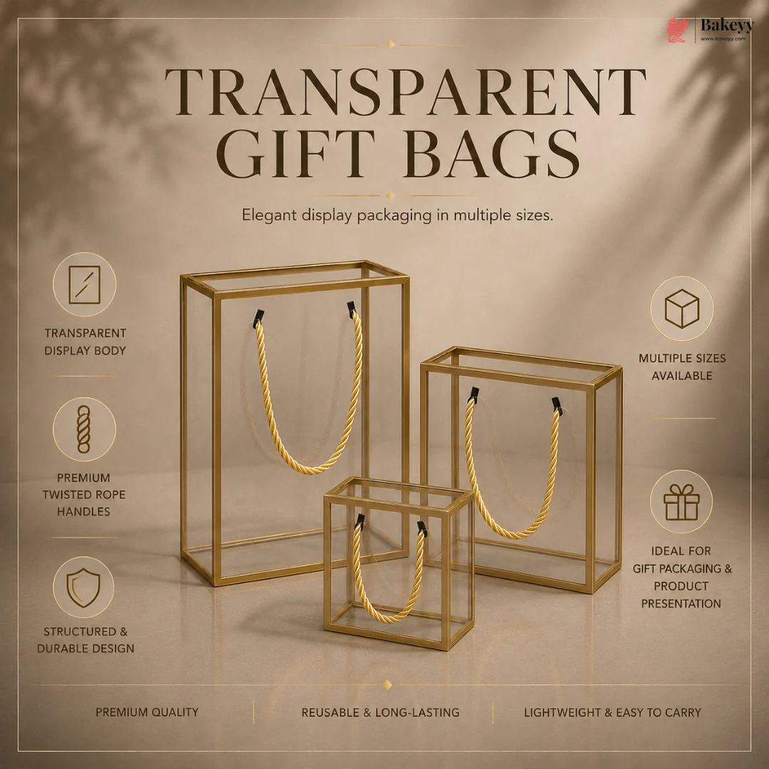 Gold PVC Transparent Gift Bag with Gold Rope Handle | Clear Premium Hamper Packaging Box | Pack of 10 - Image 5