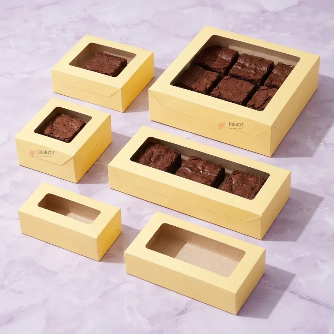 Yellow Color Brownie Box | L Shape Window & Top Window | Multiple Capacities Available | Pack of 10